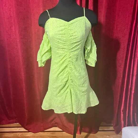 Lime green off the shoulders mini dress, size small - Picture 1 of 12